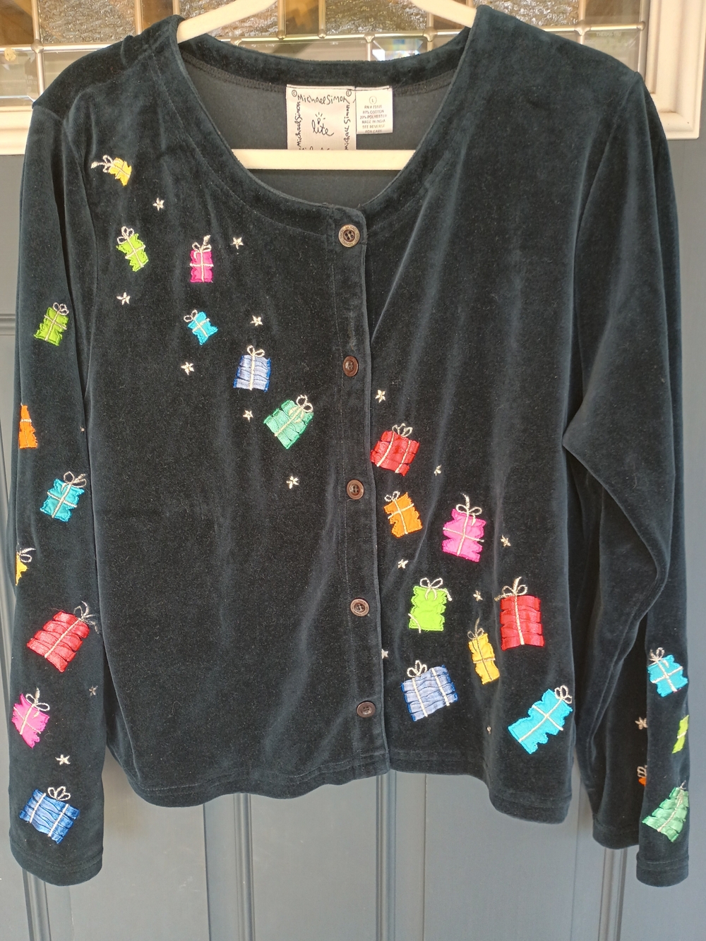 Michael Simon Velvet Black Cardigan w/Beautiful Present Embroidery Sz L Classy